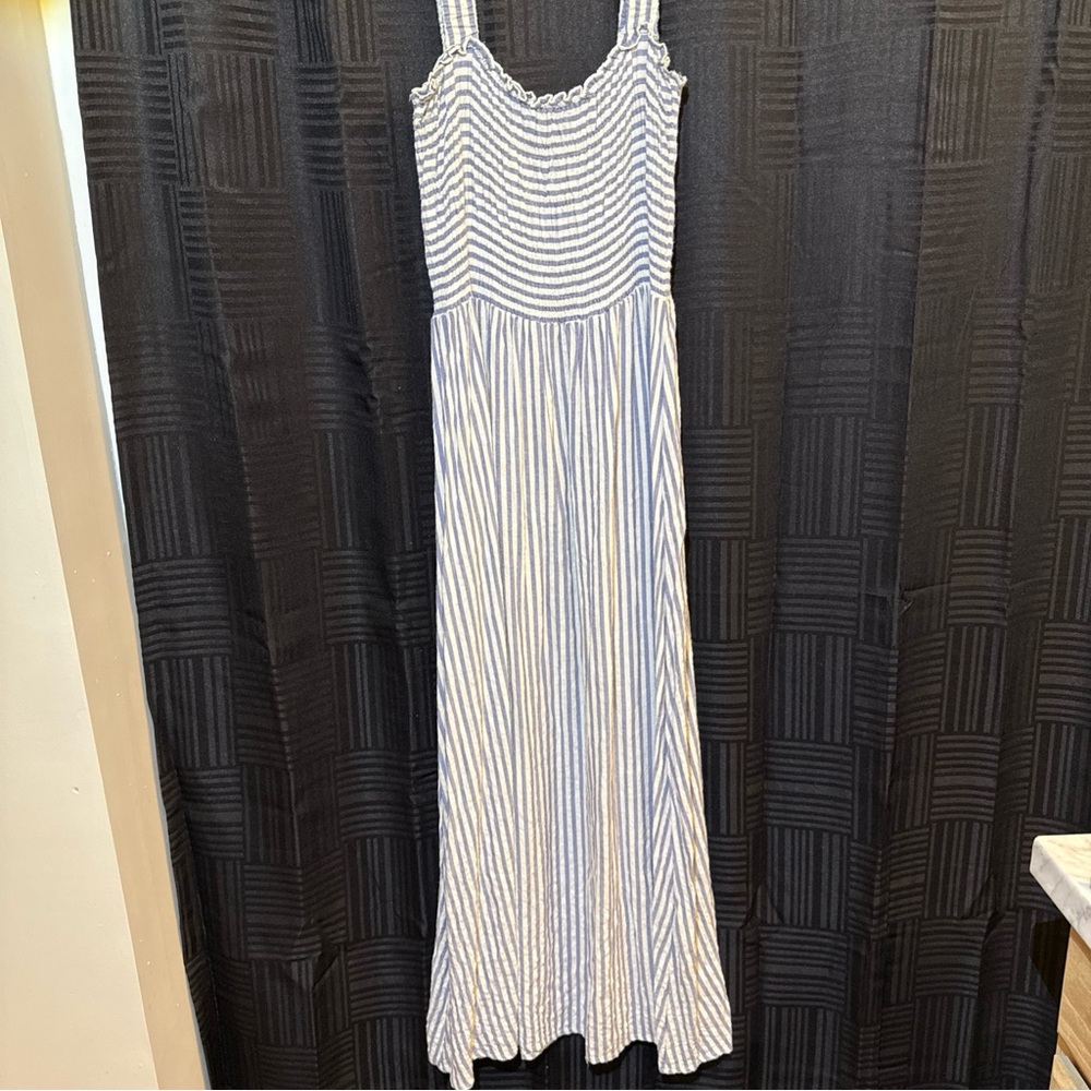 Zara Blue White Striped Smocked Maxi Dress Small Summer Sundress